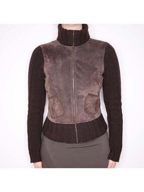 Y2K Brown Suede and Wool Zip Up Sweater (S/M)